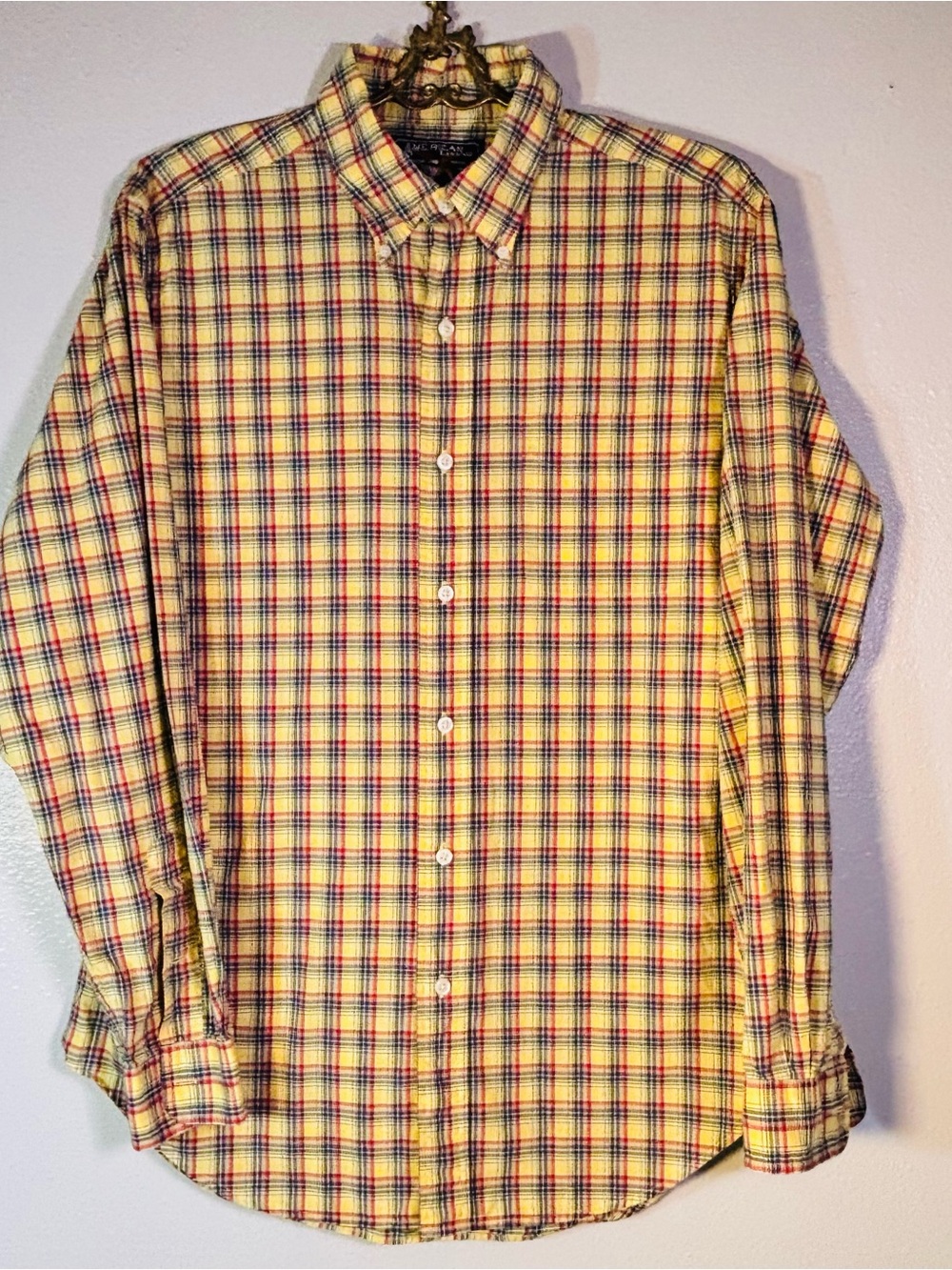 American Living Men’s M Plaid Button Down Shirt Yellow Cotton Long Sleeve